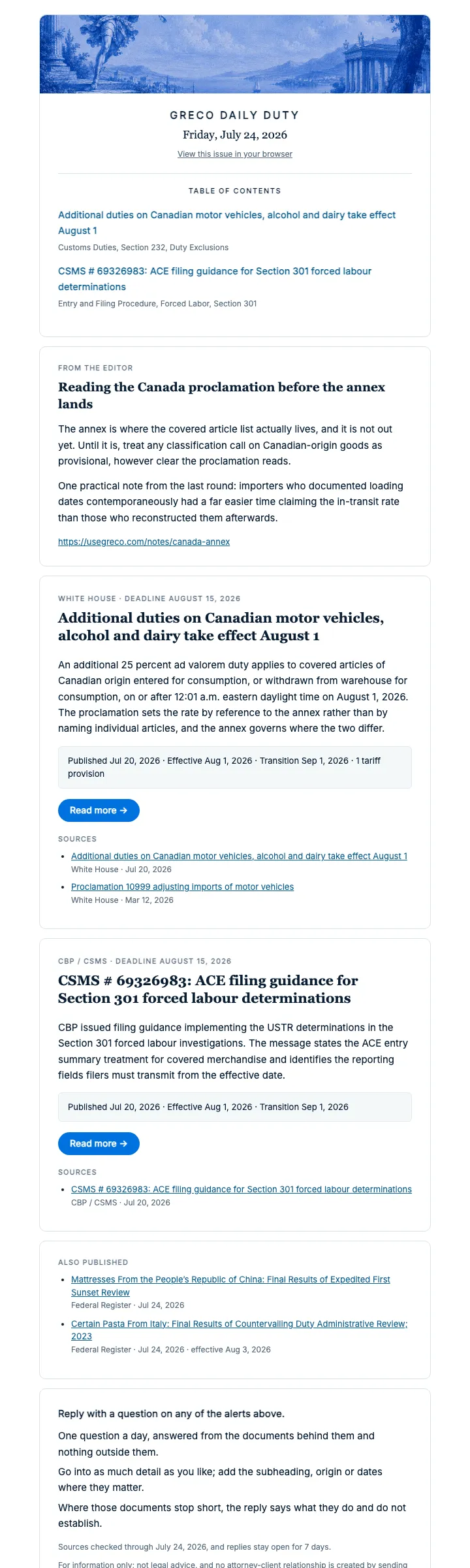 An alert in a sent issue, listing its sources: the White House proclamation and the earlier proclamation it amends.