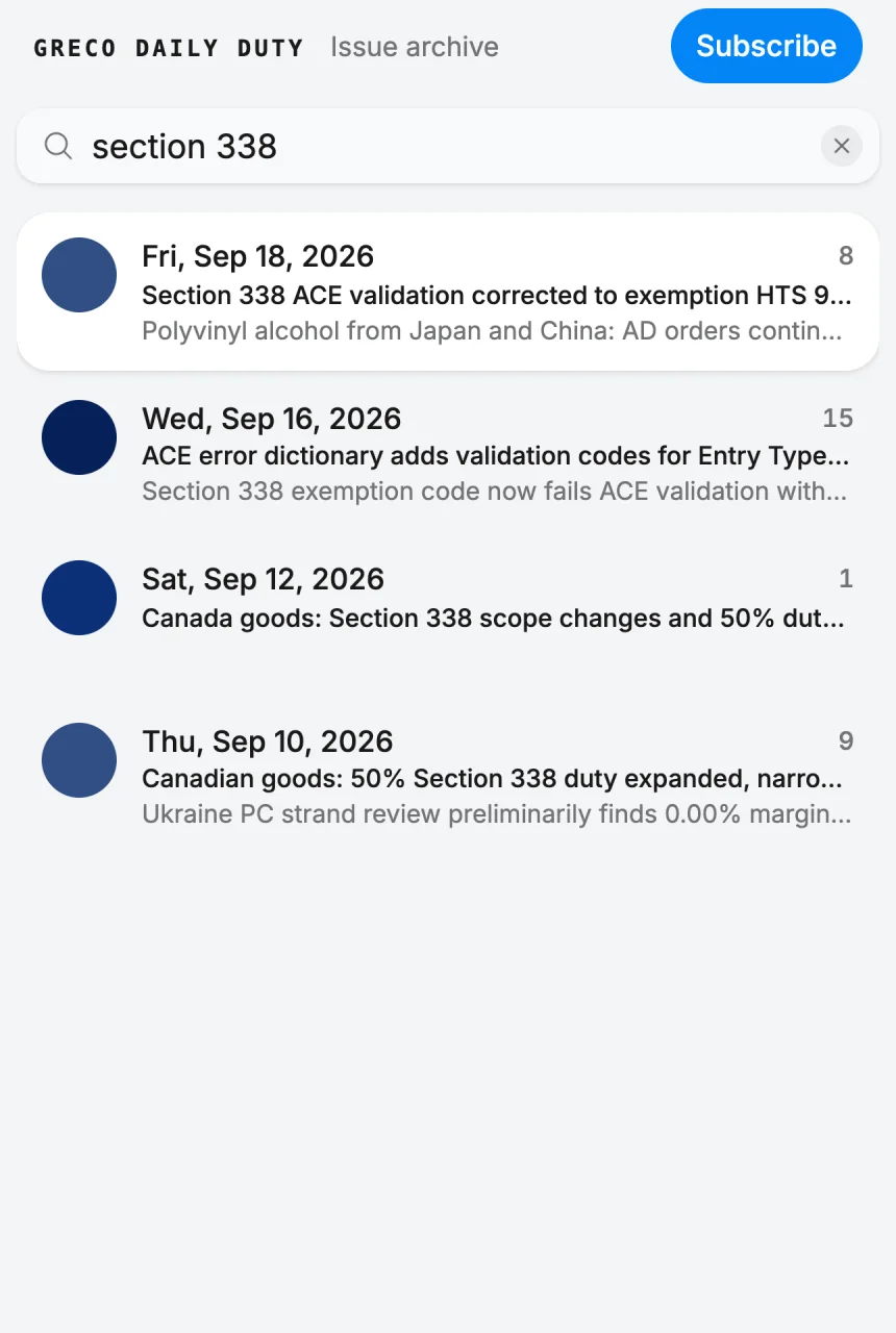 The archive with a search for Section 338 typed in, narrowing the issues to four.